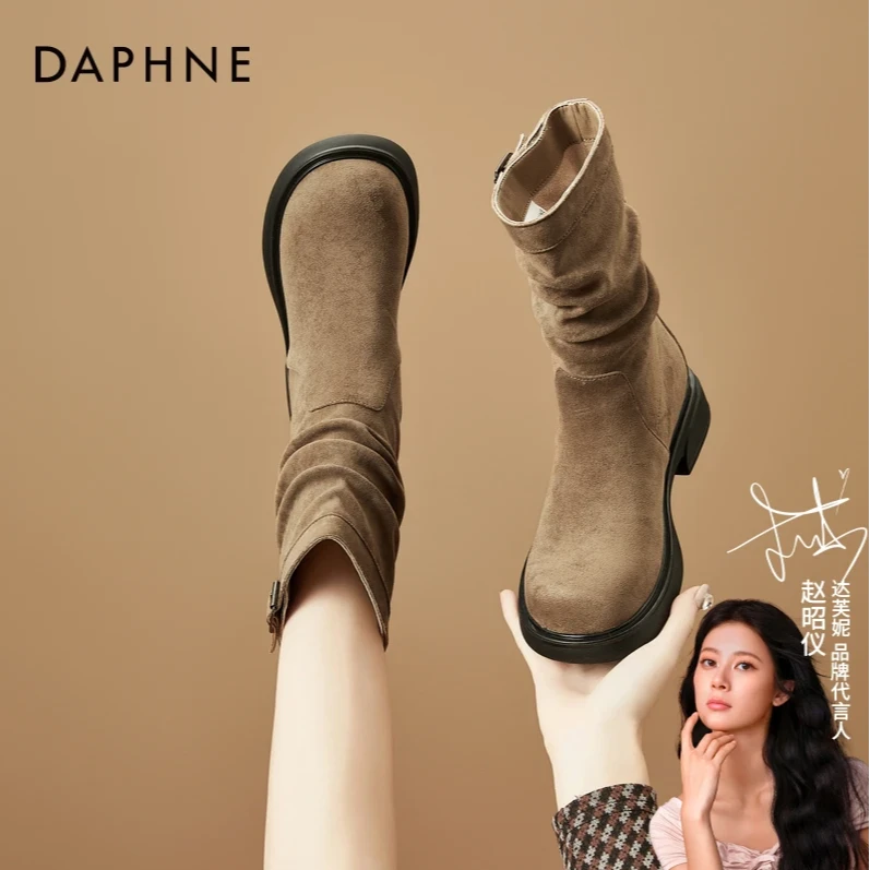 达芙妮靴子女2025秋冬新款厚底增高短靴西部马丁靴中筒骑士堆堆靴