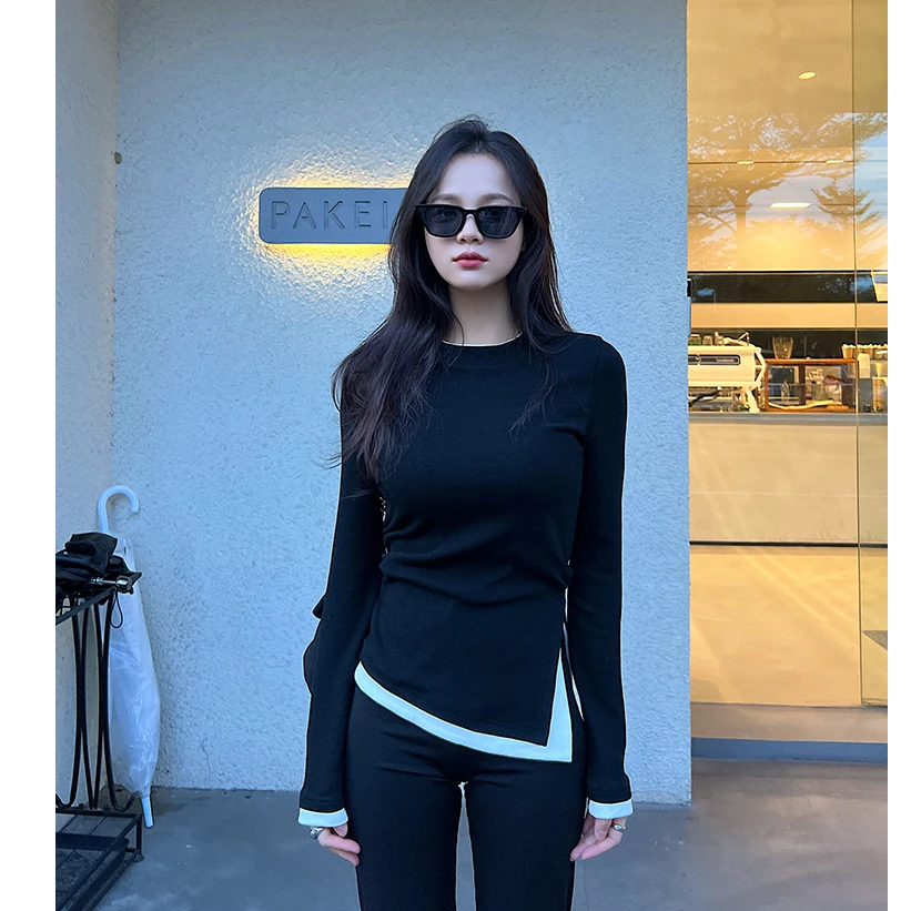 假两件长袖T恤女秋冬通勤穿搭新款撞色拼接不对称修身打底衫上衣