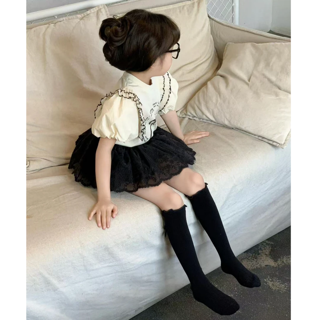 小惜亦女童2025夏季新款韩版气质泡泡袖短袖上衣黑色蕾丝半裙套装