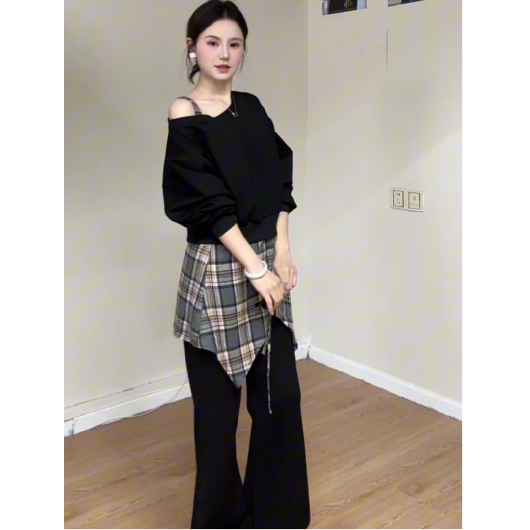 【韩系露肩休闲三件套】显瘦高腰格子套装女春季长袖时尚气质25010