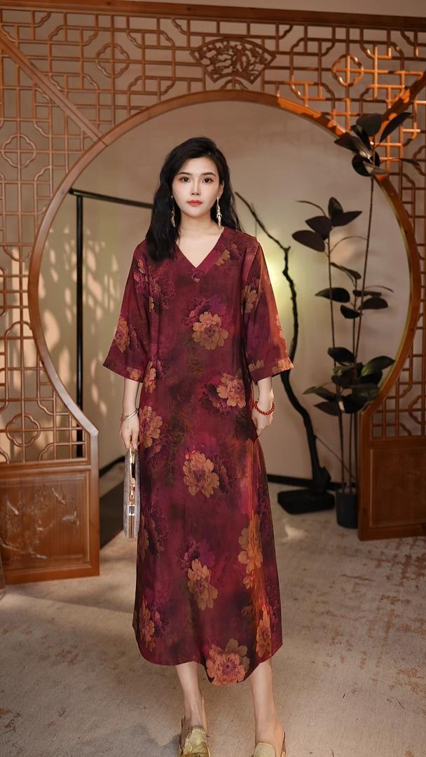 【斐韵】新中式v领长款复古连衣裙7270