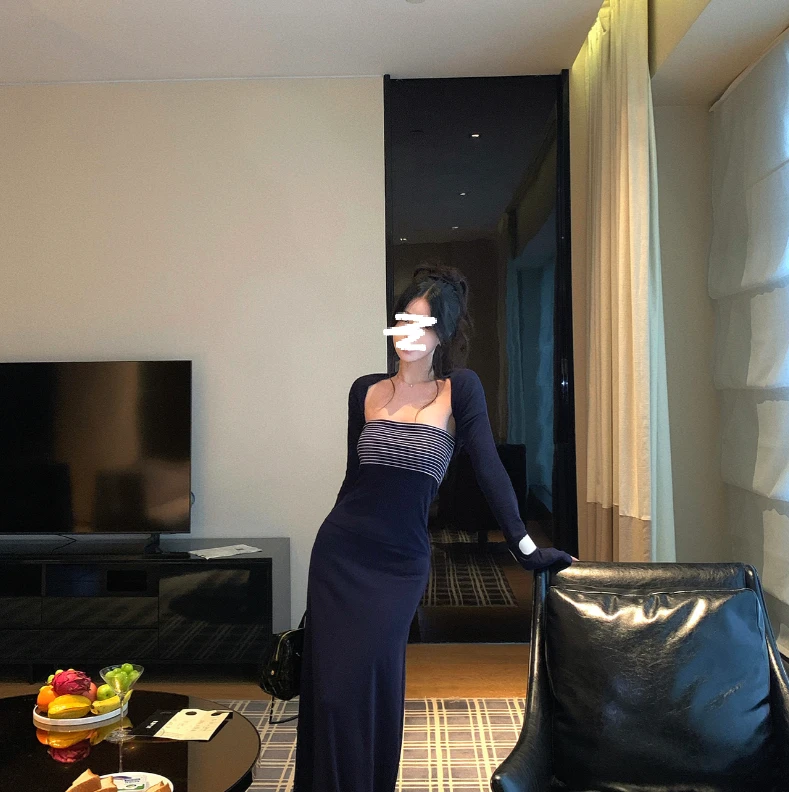 韩系拼接抹胸包臀连衣裙女秋针织开衫长裙两件套