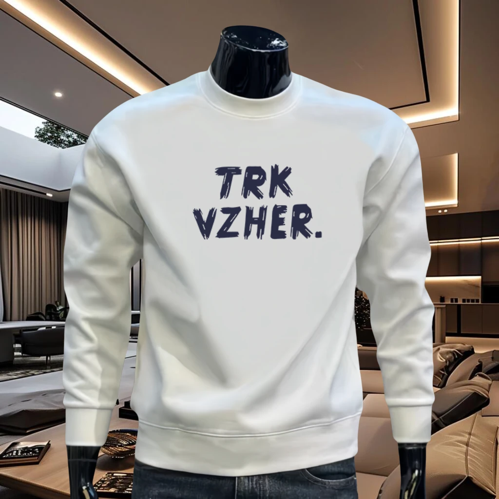 国潮重磅秋冬加绒卫衣男士潮流印花休闲长袖简约修身套头圆领上衣