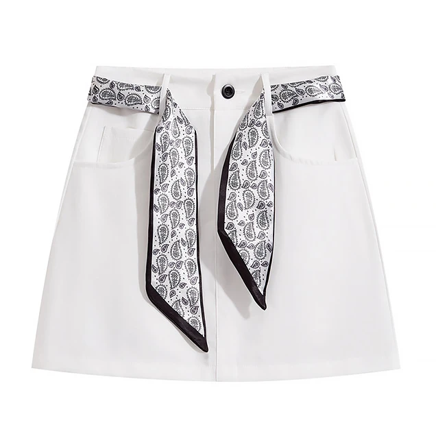 2025韩系丝巾系带短裙女夏款高腰时尚甜辣a字半身裙68018