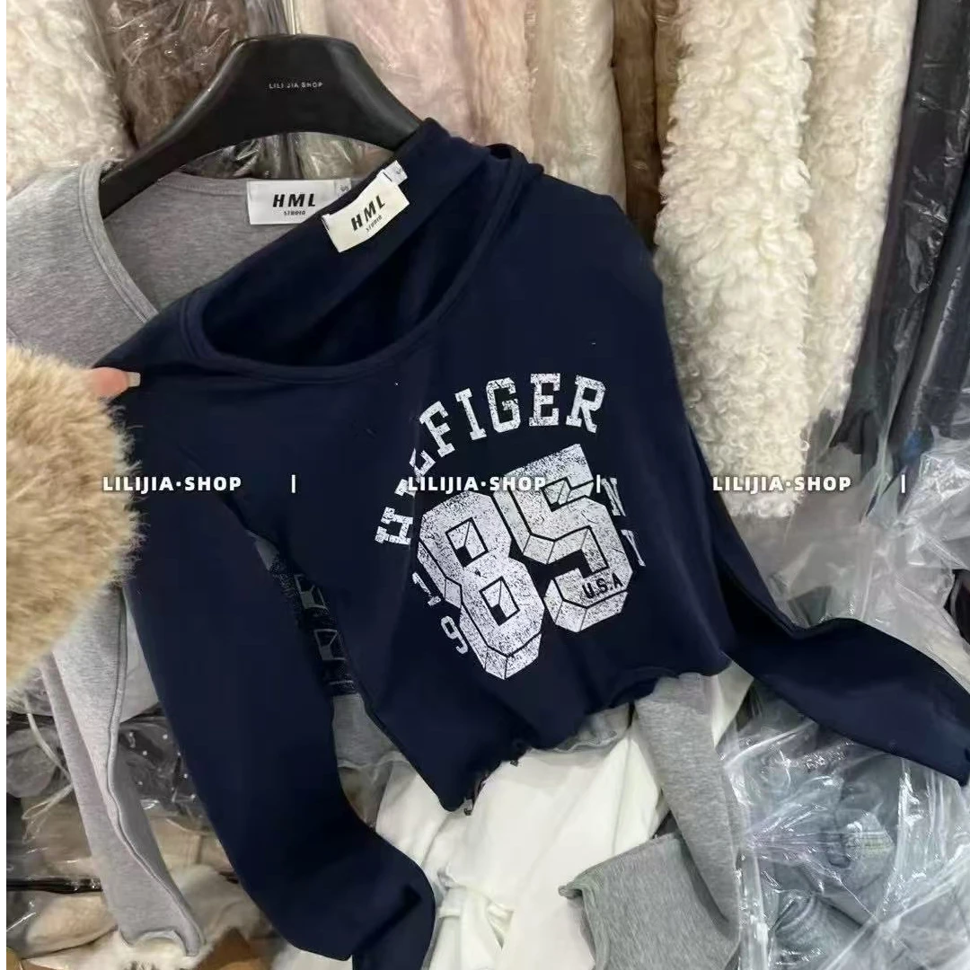 悠悠 秋冬新款时尚百搭字母数字印花长袖T恤女内搭显瘦上衣