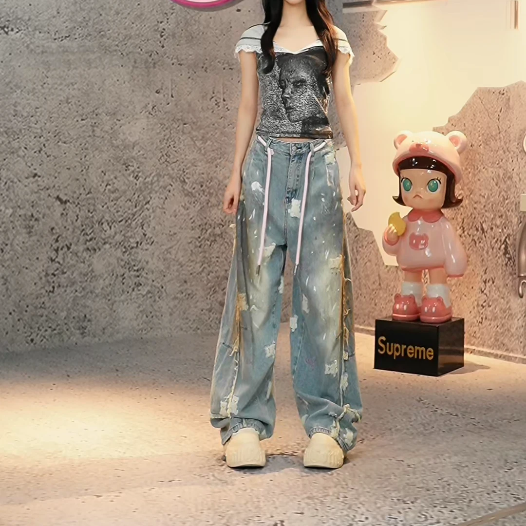 设计师原创夏季小熊刺绣毛边阔腿裤少女风磨毛设计泥感染牛仔裤