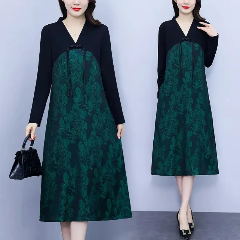 【遇见妳】2921新款V领复古盘扣流苏拼色大朵收腰百搭显瘦连衣裙