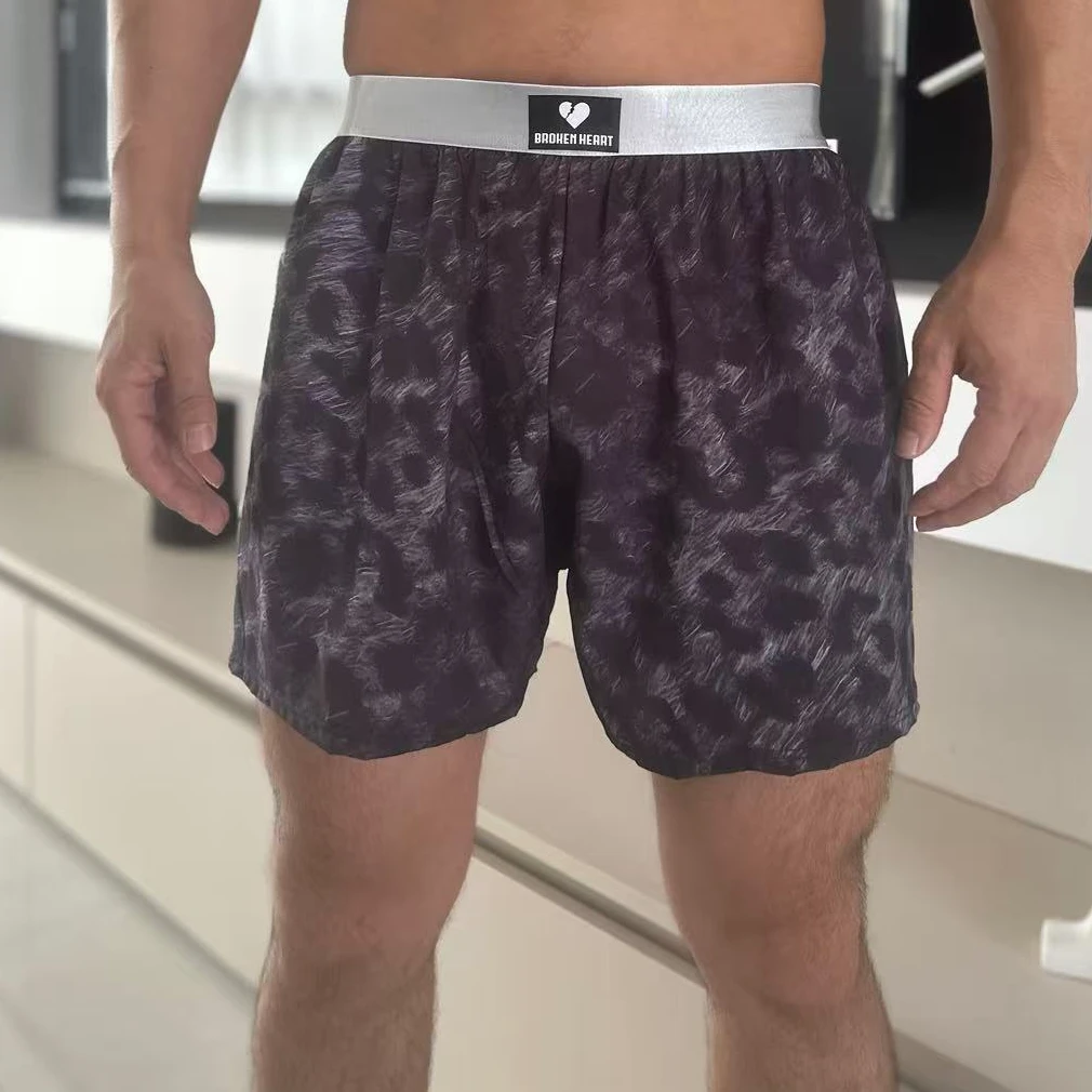 新款男士阿罗裤粉色豹纹居家休闲宽松潮流梭织冰丝四角内裤男