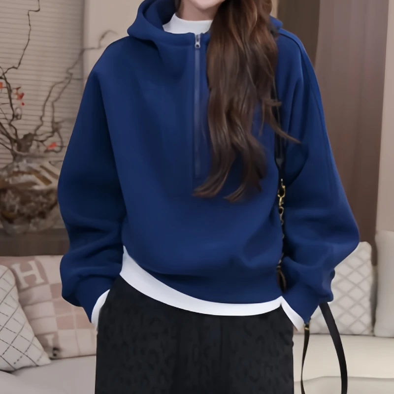 百搭休闲帽衫上衣2025秋季胖MM欧货时尚半拉链连帽卫衣潮女款