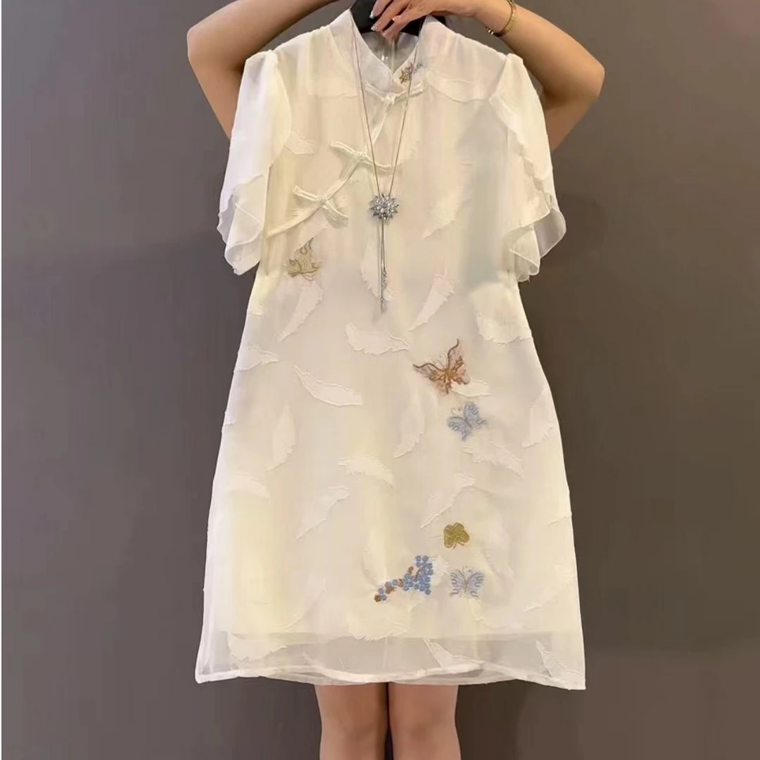 盘扣提花蝴蝶国风连衣裙胖妹妹千金复古风气质百搭新款大码女装潮