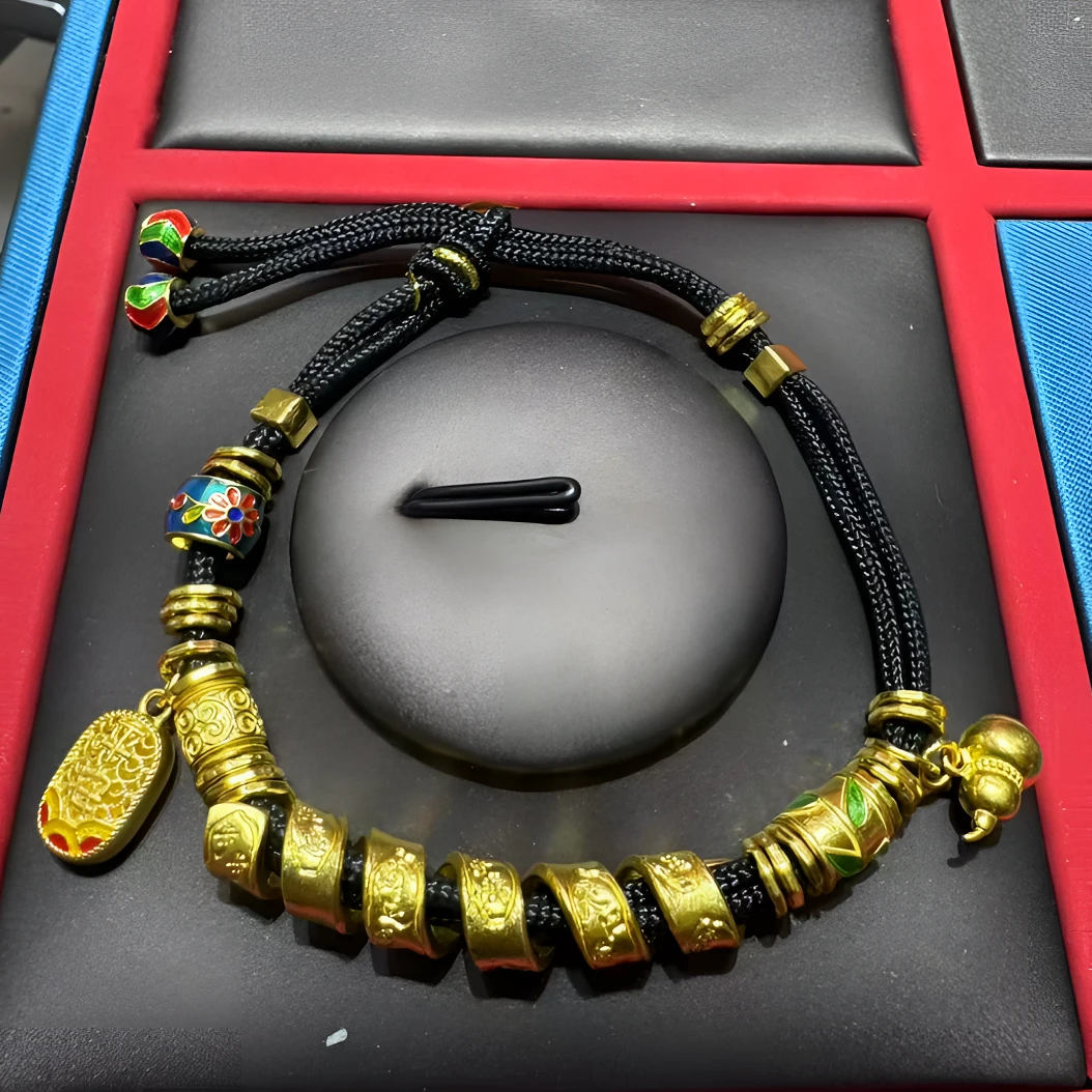足金999古法平安富贵珐琅黑绳手链    26.73克