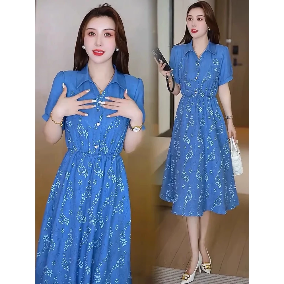 蓝色碎花连衣裙女2025夏季新款时尚洋气收腰显瘦减龄中长款连衣裙