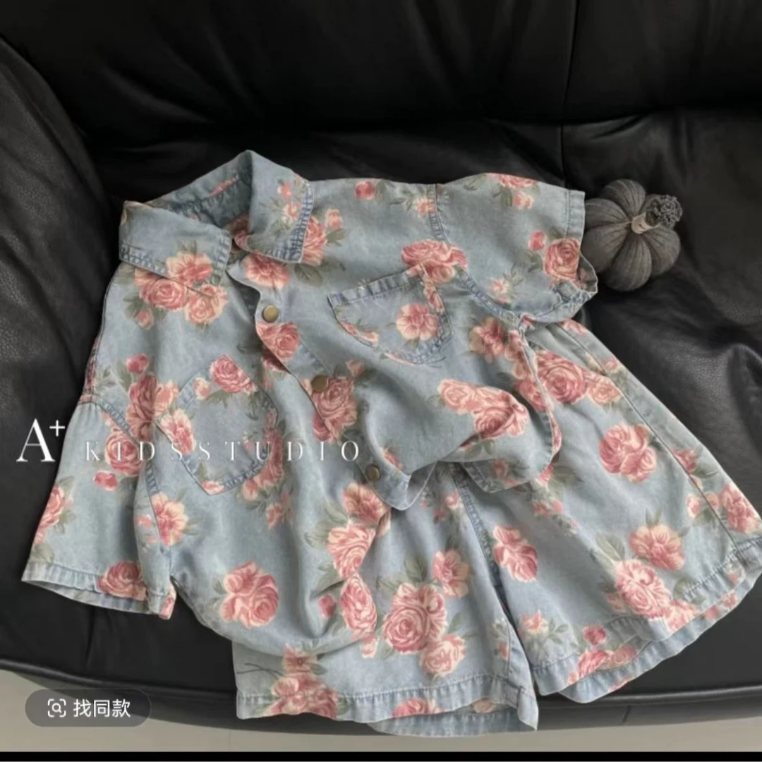 儿童碎花套装中式休闲风男女童复古套装排扣薄款俩件套夏季印花