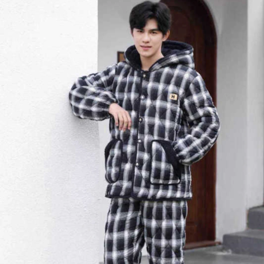 【0262-黑白H格】男加厚睡衣冬三层夹棉格纹翻领保暖外出家居