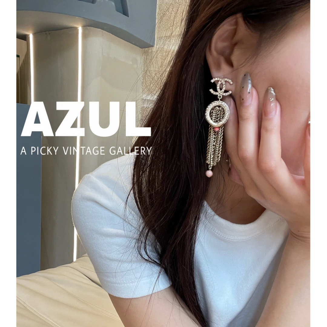 95新 Chanel/香奈儿 Azul- 21C双c满钻双排流苏粉色泡泡耳钉37740