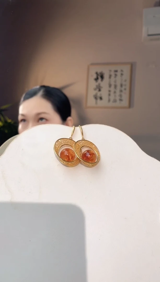 裸石琥珀未镶嵌13+花珀耳环