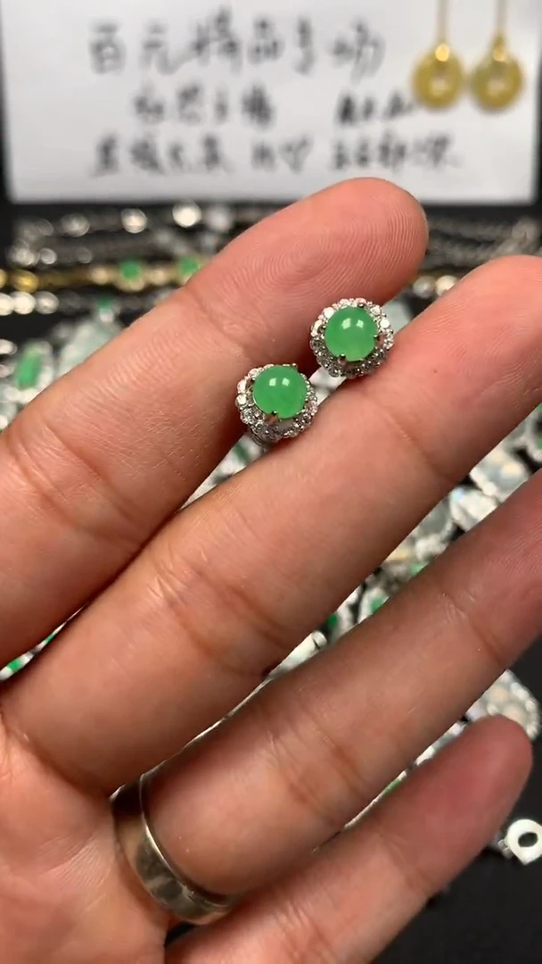 翡翠银S925镶嵌耳饰糖*花耳钉