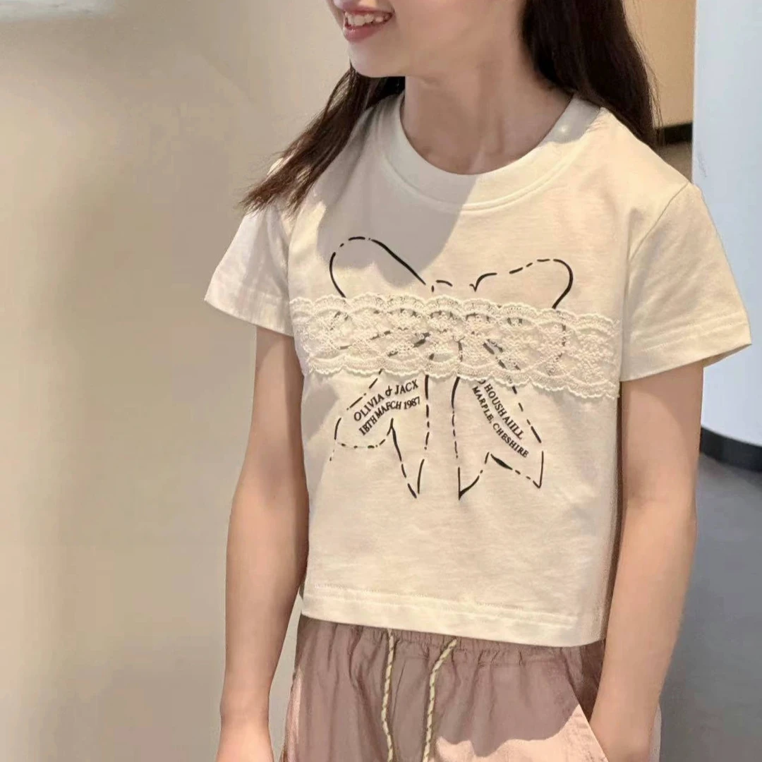 2025中大女童韩系女孩蕾丝蝴蝶结印花宽松百搭短款圆领T恤25093