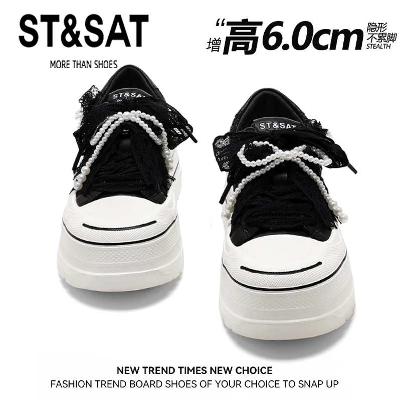 星期六高颜值蕾丝透气帆布鞋女小个子网面板鞋珍珠蝴蝶结运动网鞋