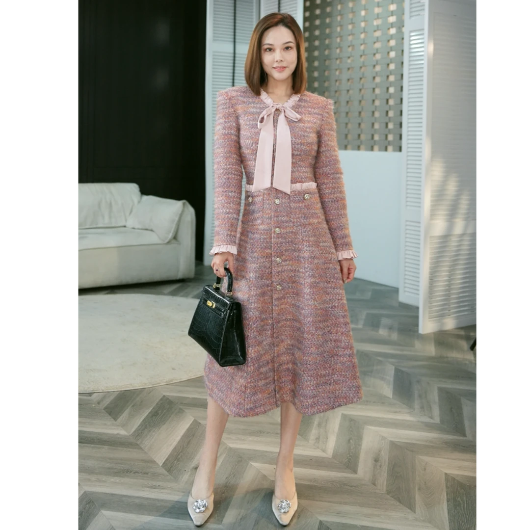 粗花呢不褪色修身长袖时尚收腰千金风连衣裙41162