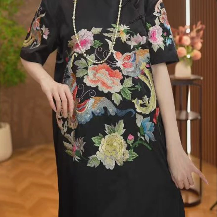 【国色芳华】夏季短款新中式刺绣短袖连衣裙2025C8052—小黎玫瑰仓