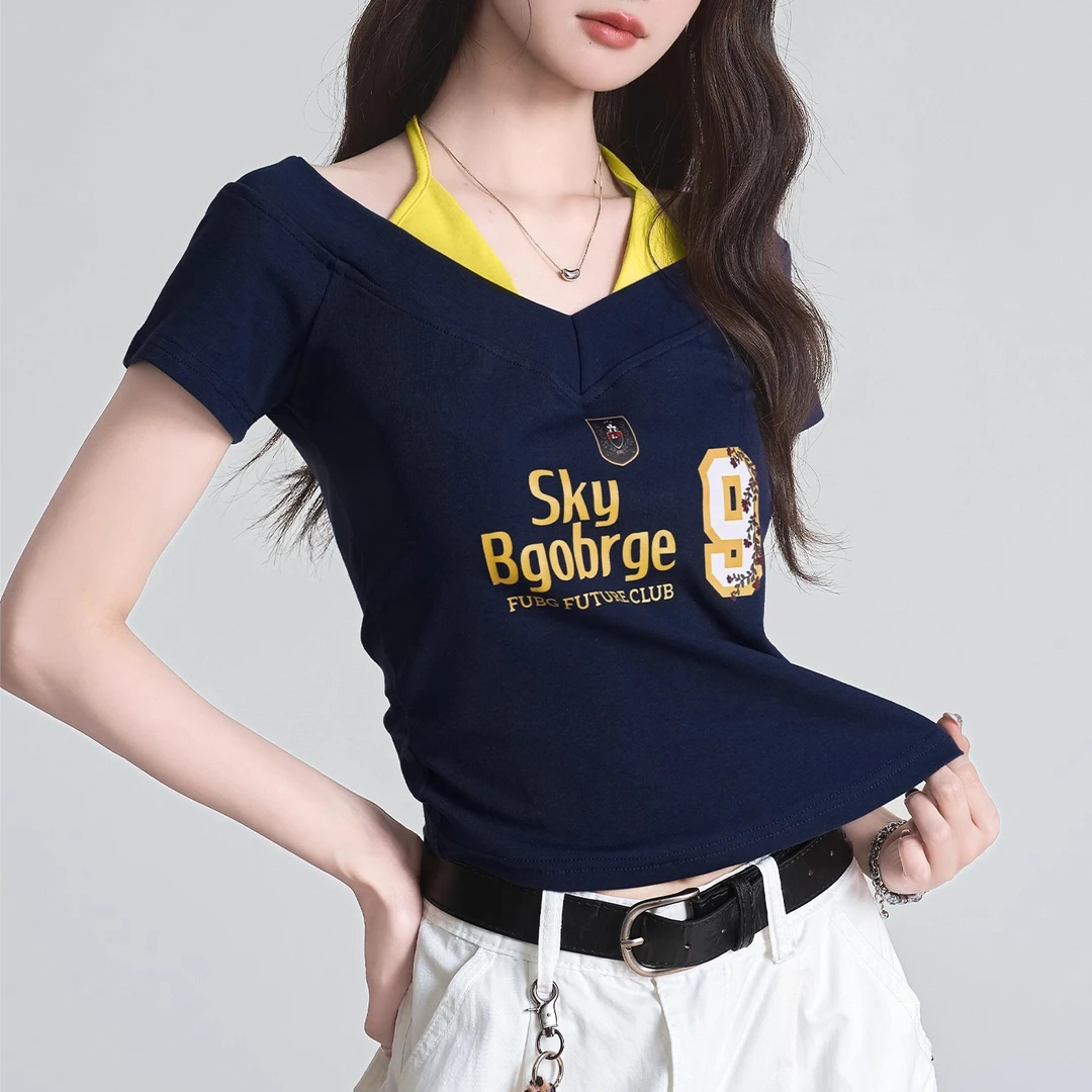 夏季新款假两件撞色拼接印花短袖T恤修身显瘦挂脖绑带韩版上衣女