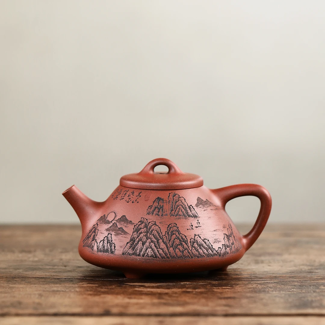 宜鼎兴矿标级黄龙山红皮龙半手工山水子冶石瓢壶手工茶壶