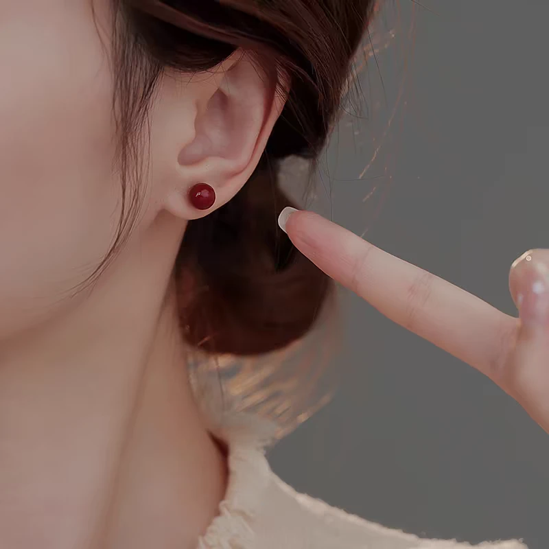 含辰砂工艺品如意红色朱砂耳钉高雅脱俗吉祥款耳饰显白高级提气色