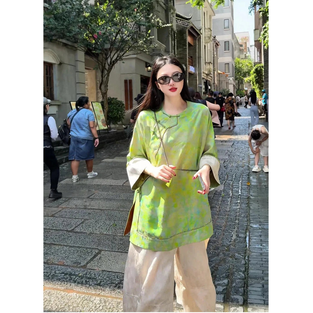 「青瓦」绿色新中式中袖斜襟上衣宽松显瘦扎染小衫时尚复古提花