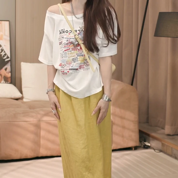夏季新款时尚百搭ins短袖设计感宽松斜领印花t恤