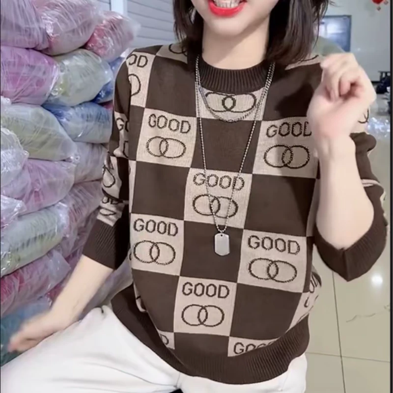 2025烫钻毛衣女欧货棋盘格宽松圆领显瘦针织衫百搭秋冬上衣保暖