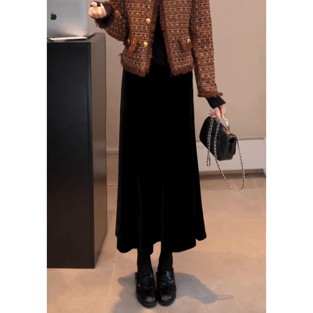 YUANLIANSU/圆脸酥【 霜染翠微】高级级高腰金丝绒鱼尾半身裙女秋季