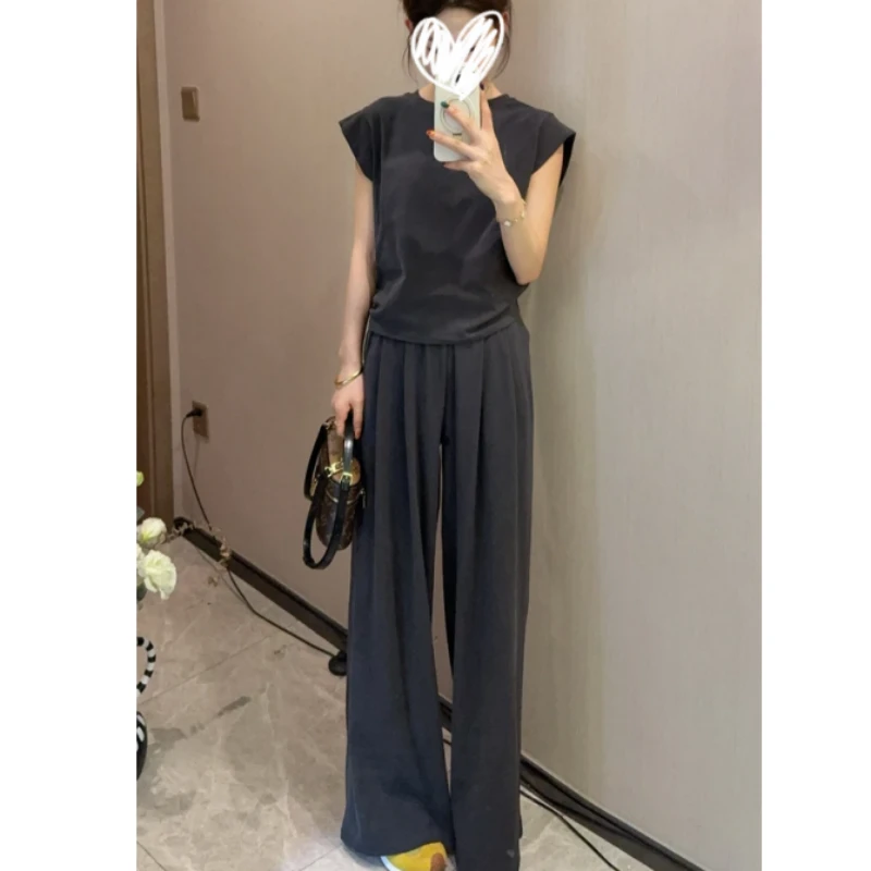 2025夏新款简约圆领小飞袖T恤＋休闲阔腿裤套装女1478