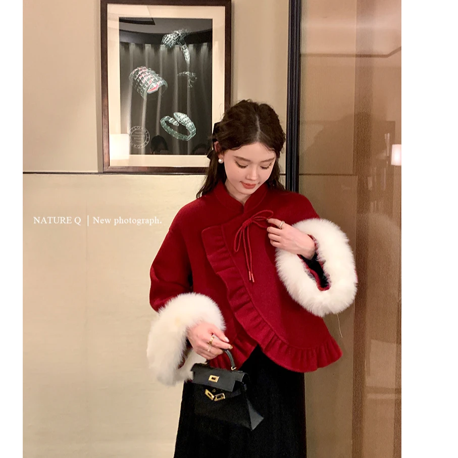 【♠优选】大码中式气质毛呢千金套装夹棉加厚毛呢上衣+鱼尾裙两件套