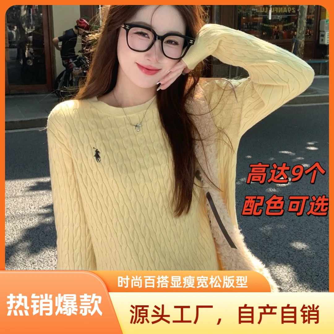 2025年秋冬季小马刺绣韩系宽松百搭长袖麻花圆领针织打底衫上衣女