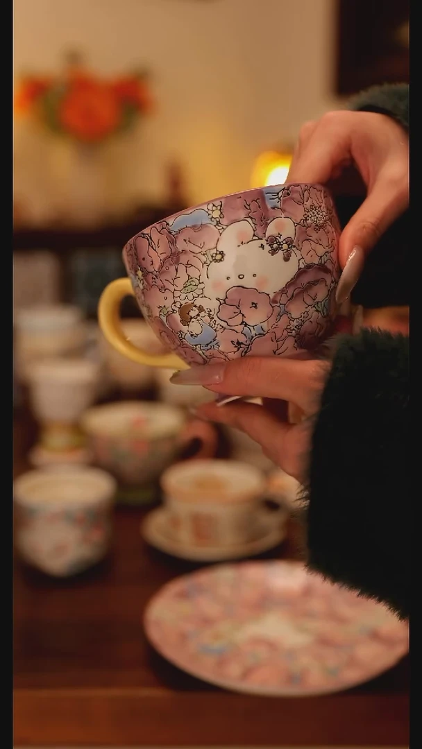 陶瓷手柄款阿满香豌豆早餐杯  手绘釉下彩