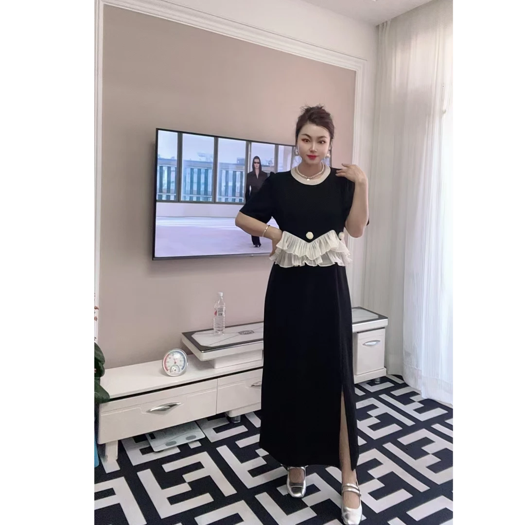 法式气质荷叶领假两件显瘦短袖女夏季高级拼接新款洋气连衣长裙