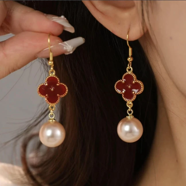 四叶草珠珠耳钩耳环红色高级氛围耳饰女