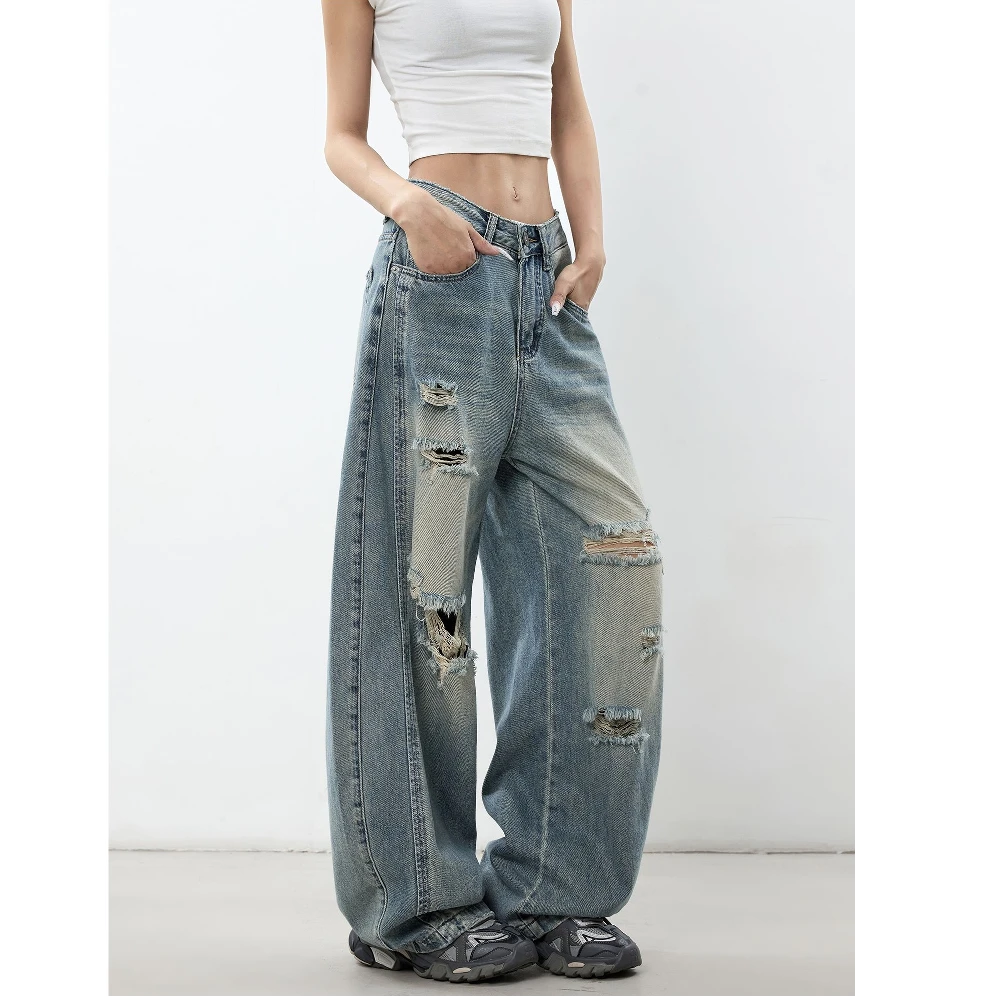 美式做旧水洗磨破设计感阔腿弯刀牛仔裤女2025夏季新款裤子1049#