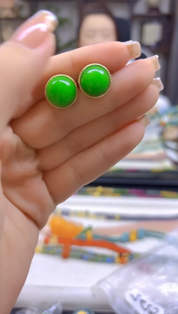 翡翠14K金镶嵌耳钉DIY款E525