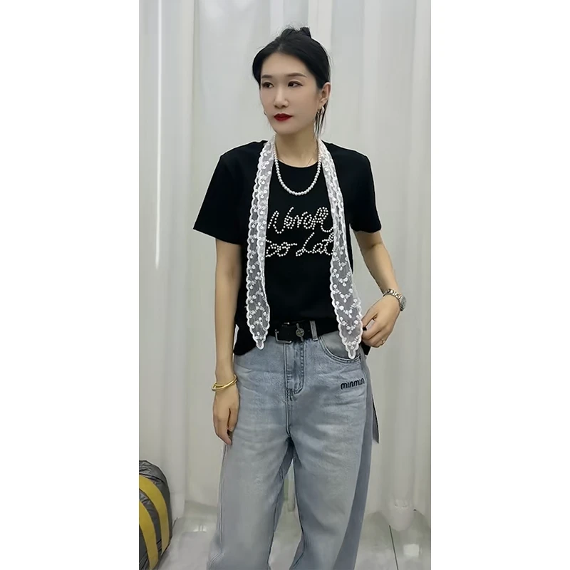 复古字母圆领短袖T恤女2025春季新款韩系休闲宽松百搭显瘦上衣潮
