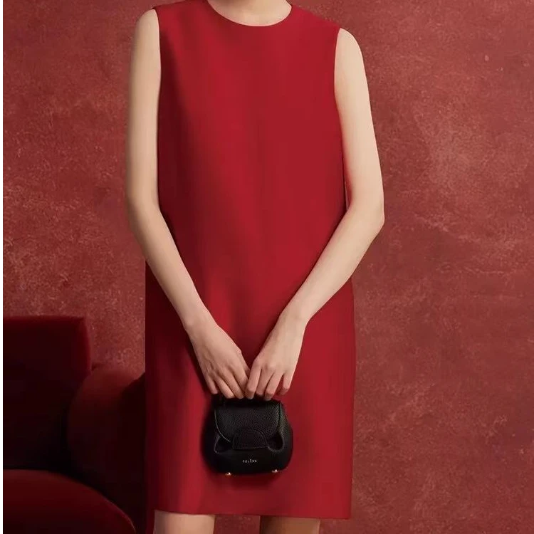【ICS 韵裕】新中式短款无袖新中式气质盘扣度连衣裙红色中国风