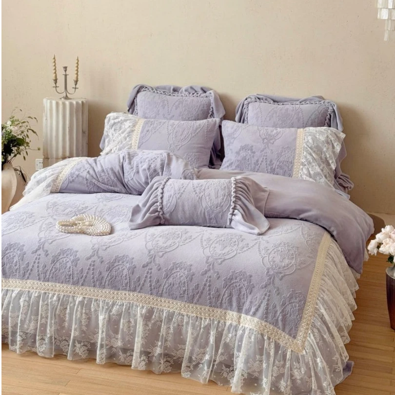 小冲冲【维多利亚】法式复古牛奶绒重工蕾丝床盖款四件套秋冬保暖绒