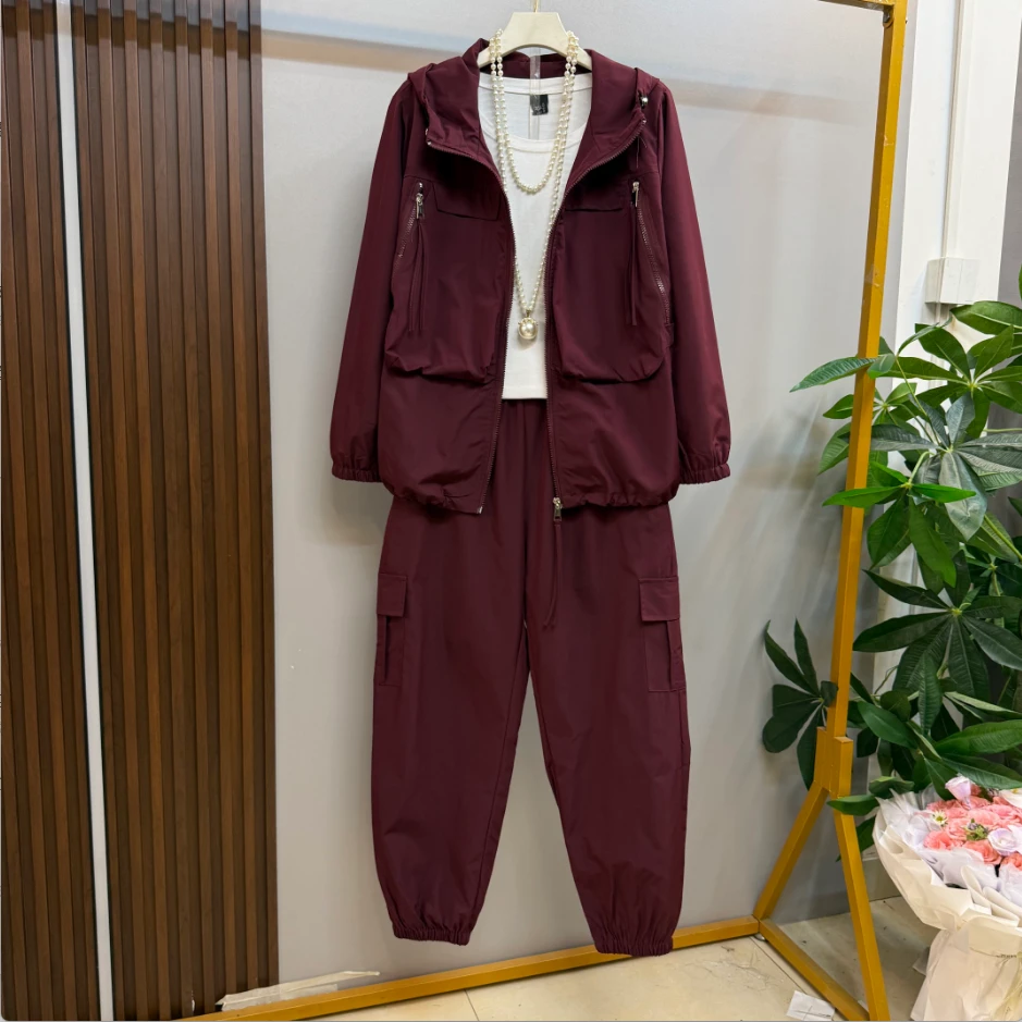 早秋新款时尚休闲纯色连帽卫衣外套十裤子两件套套装（不含打底衫）