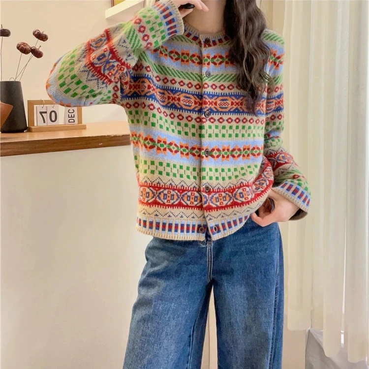 【超细绵羊毛】秋冬新款复古民族风提花单排扣针织开衫女毛衣外套