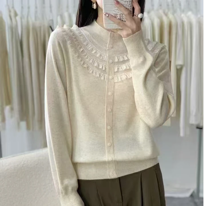 2025秋冬新款气质针织开衫纯色花边短外披显瘦MM33%羊毛上衣爆款