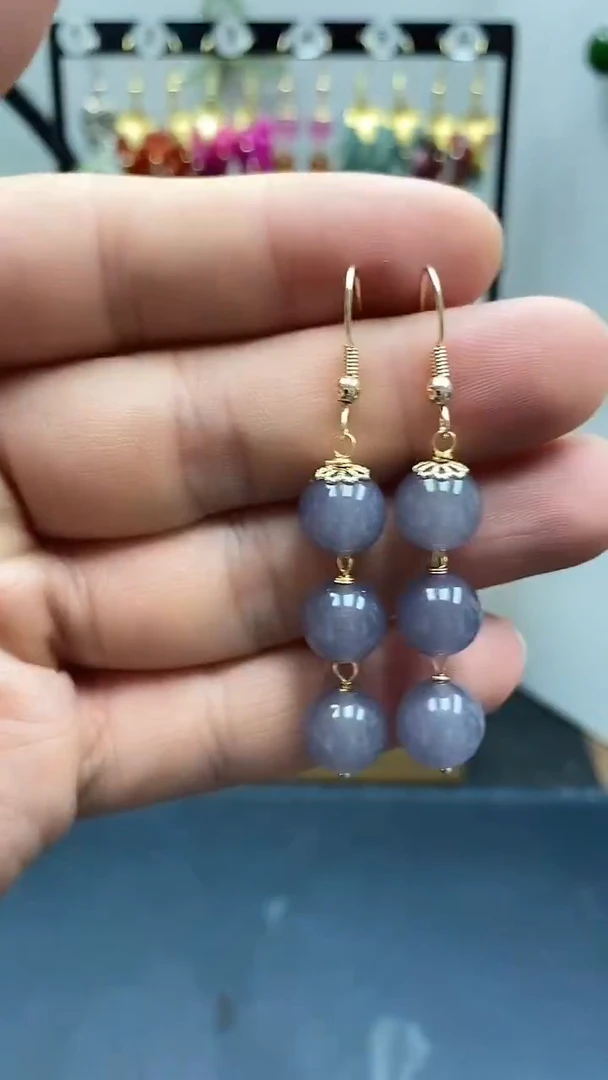 银S925镀金镶嵌和田玉耳饰尺寸10mm连珠烟紫