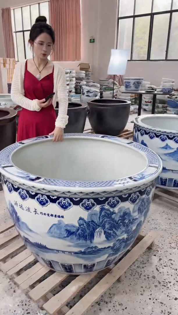 缸一对直径90青花山水加90鸿运当头门海