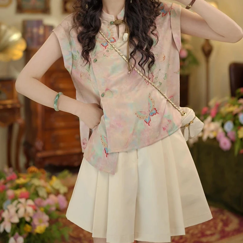 复古国风设计感套装2025夏季立领气质休闲无袖衬衫收褶裤子两件套