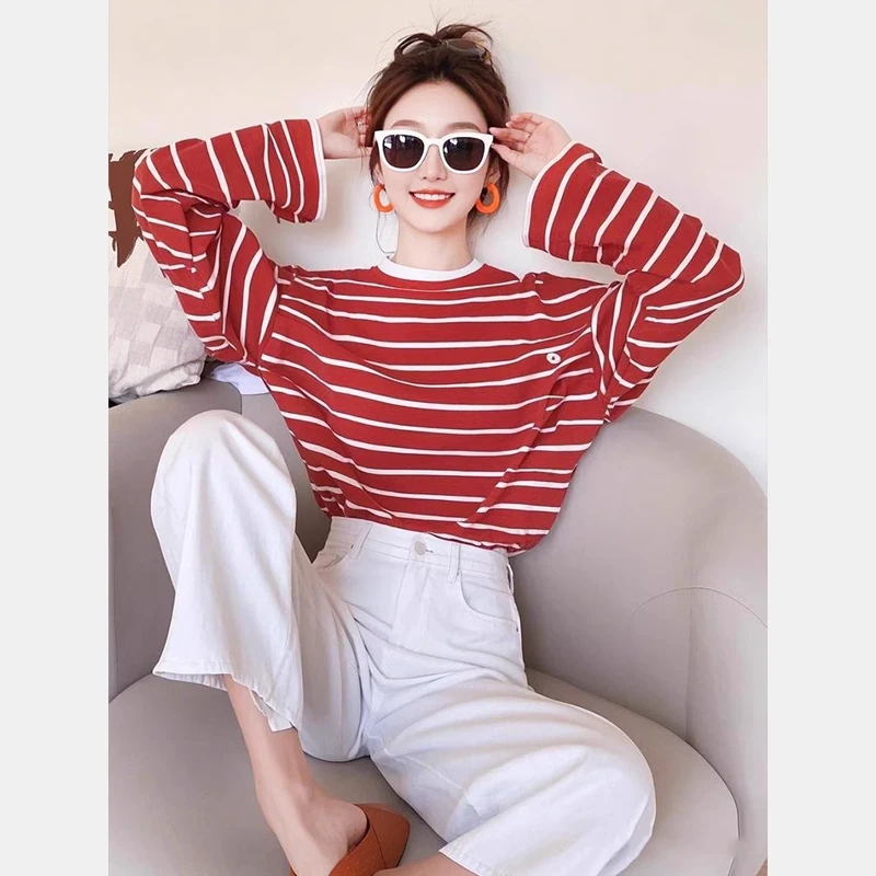 2025春季新款慵懒风上衣小众炸街高级感女装衣服红色条纹长袖T恤